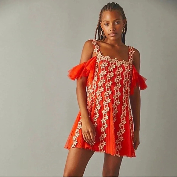 Free People FP One Red Lily Tulle Mini Dress Size Small - Picture 1 of 10